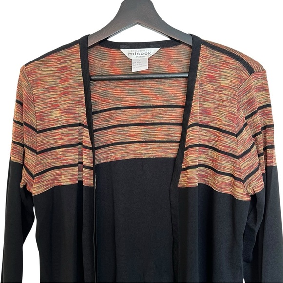 Misook Stripe Knit Longline Open Front Cardigan Black Multi Large Petite Classic - Picture 2 of 4
